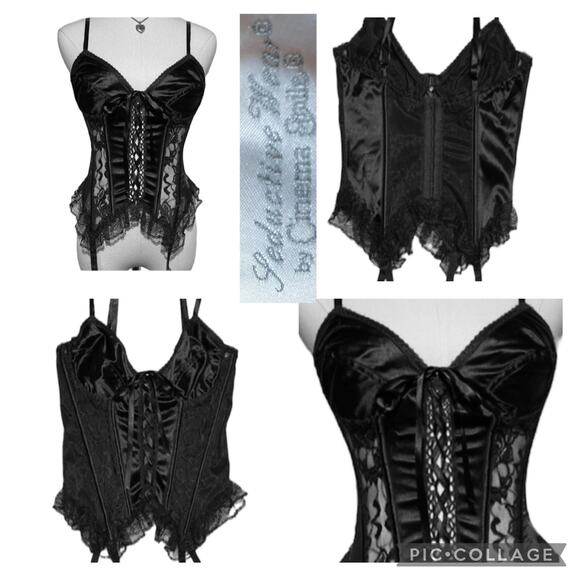Vintage Seductive Wear by Cinema Etoile Black Satin Lace Corset Bustier L - Picture 1 of 12